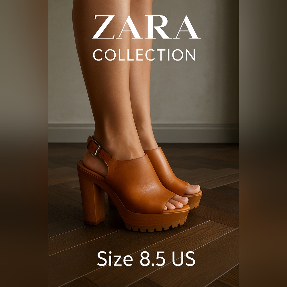 ZARA Women’s Faux Leather Platform Clog Sandals Tan Size 8.5 US